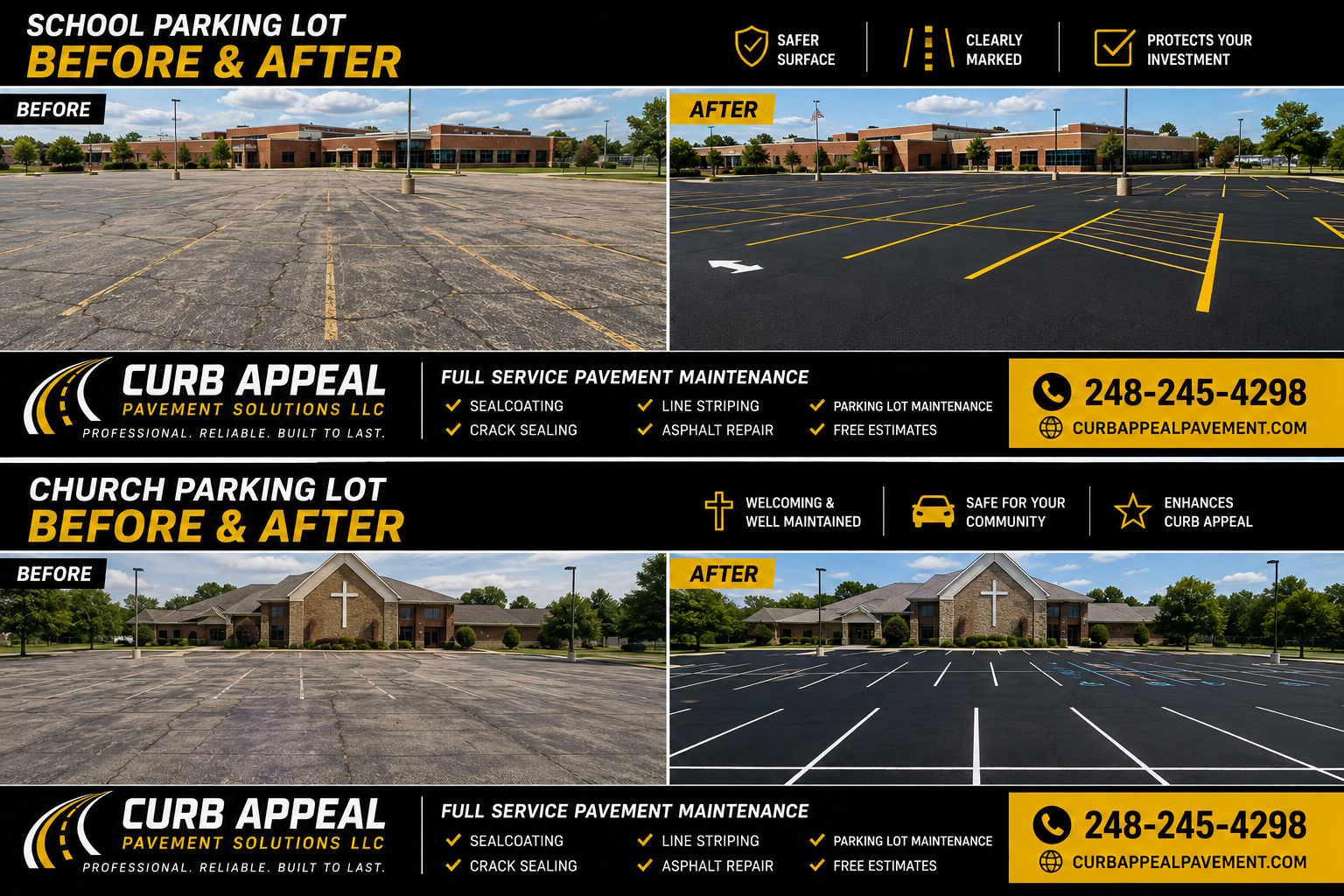Commercial parking lots before and after sealcoating and line striping