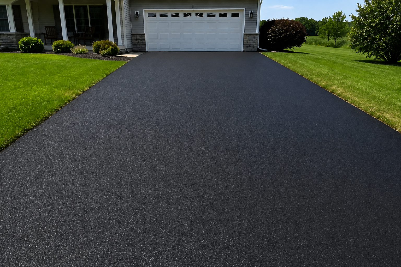 After: Residential asphalt driveway with visible cracking and fading before sealcoating, and the same driveway restored to a smooth, deep black finish after sealcoating