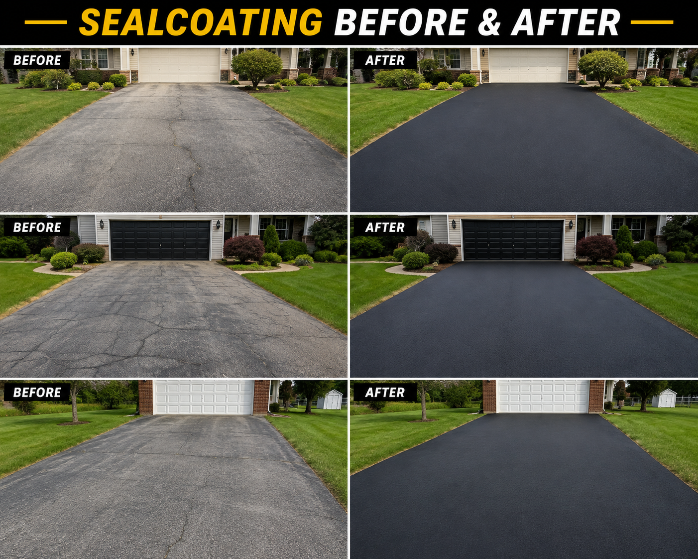 Three residential driveways before and after asphalt sealcoating