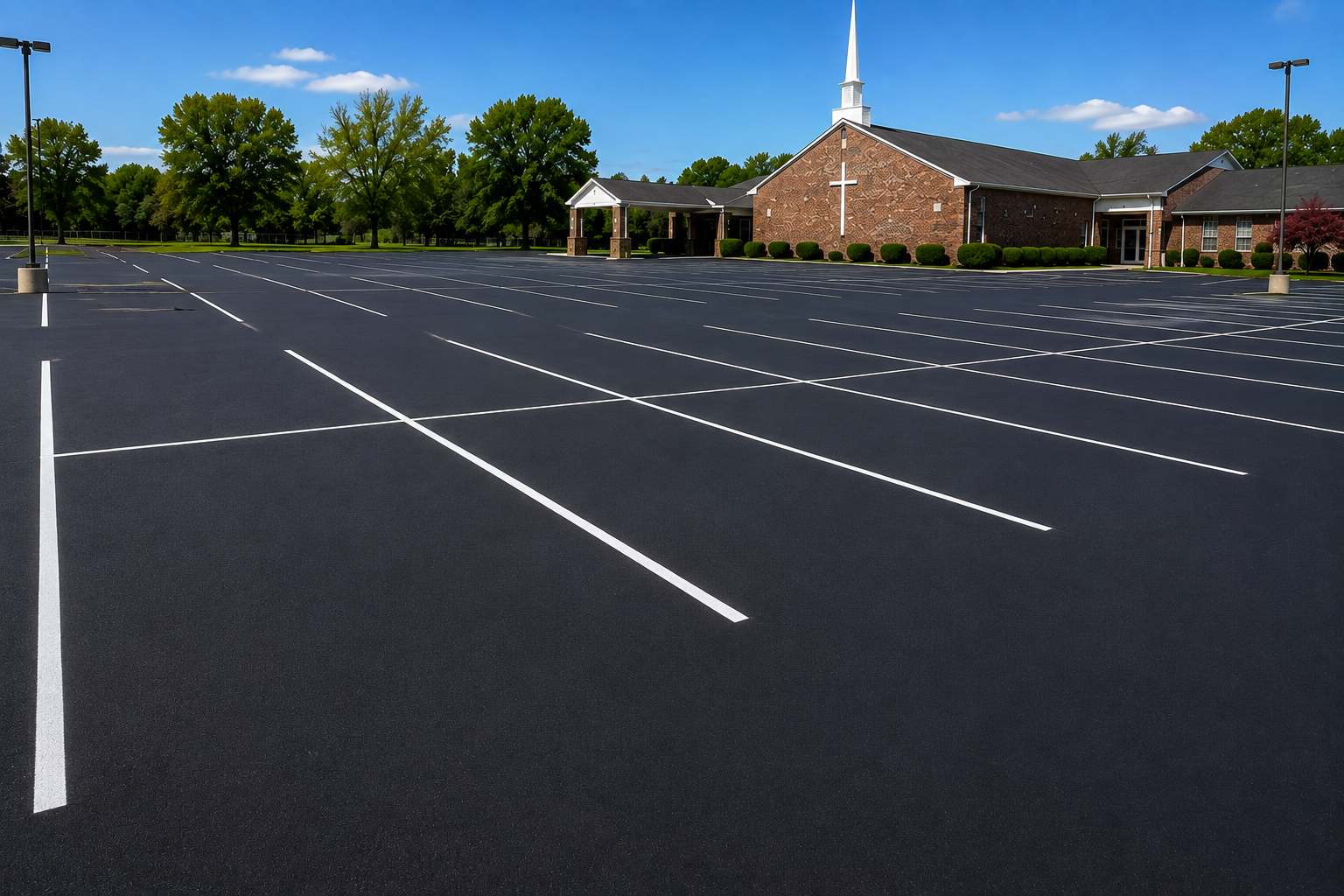 After: Commercial church parking lot with cracked, faded asphalt before sealcoating, and the same lot restored with a smooth black surface and crisp white lines after