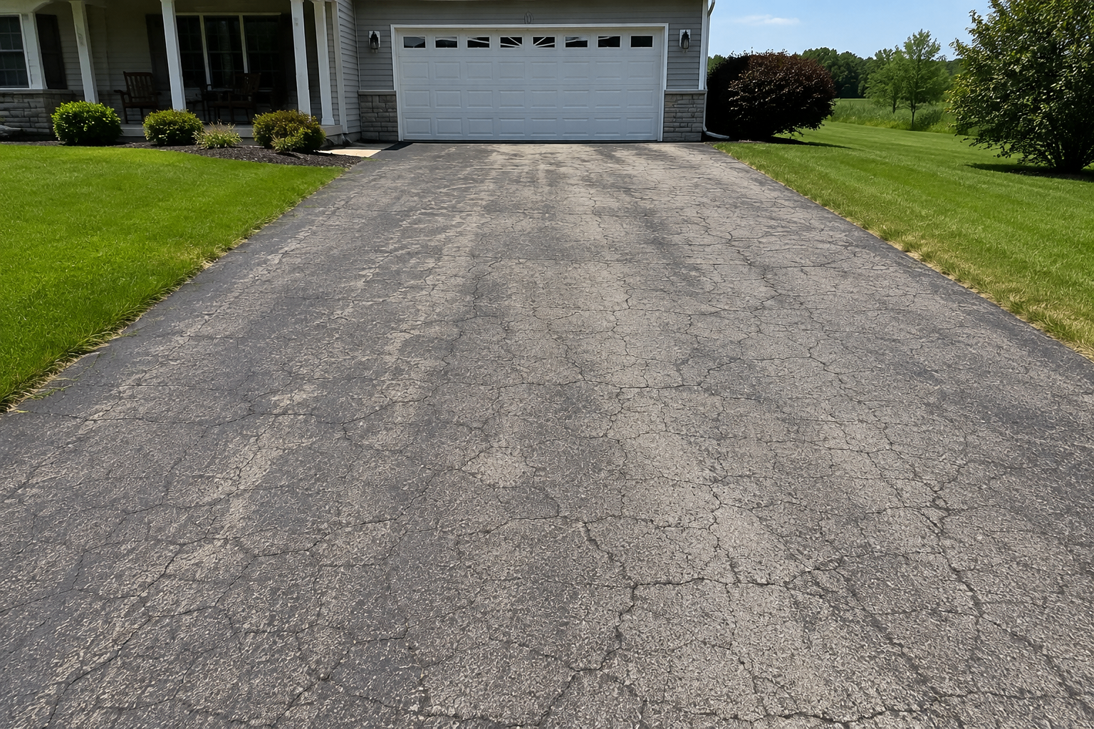 Before: Residential asphalt driveway with visible cracking and fading before sealcoating, and the same driveway restored to a smooth, deep black finish after sealcoating