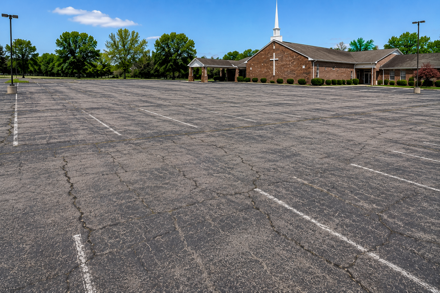 Before: Commercial church parking lot with cracked, faded asphalt before sealcoating, and the same lot restored with a smooth black surface and crisp white lines after