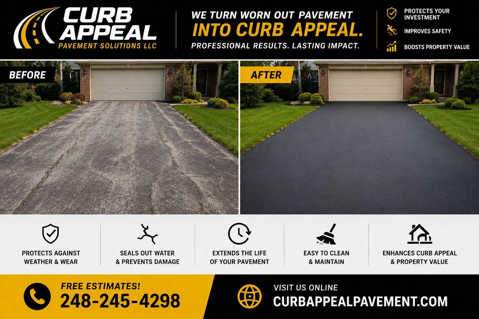 Worn, cracked residential driveway before sealcoating and the same driveway with a fresh, uniform black finish after