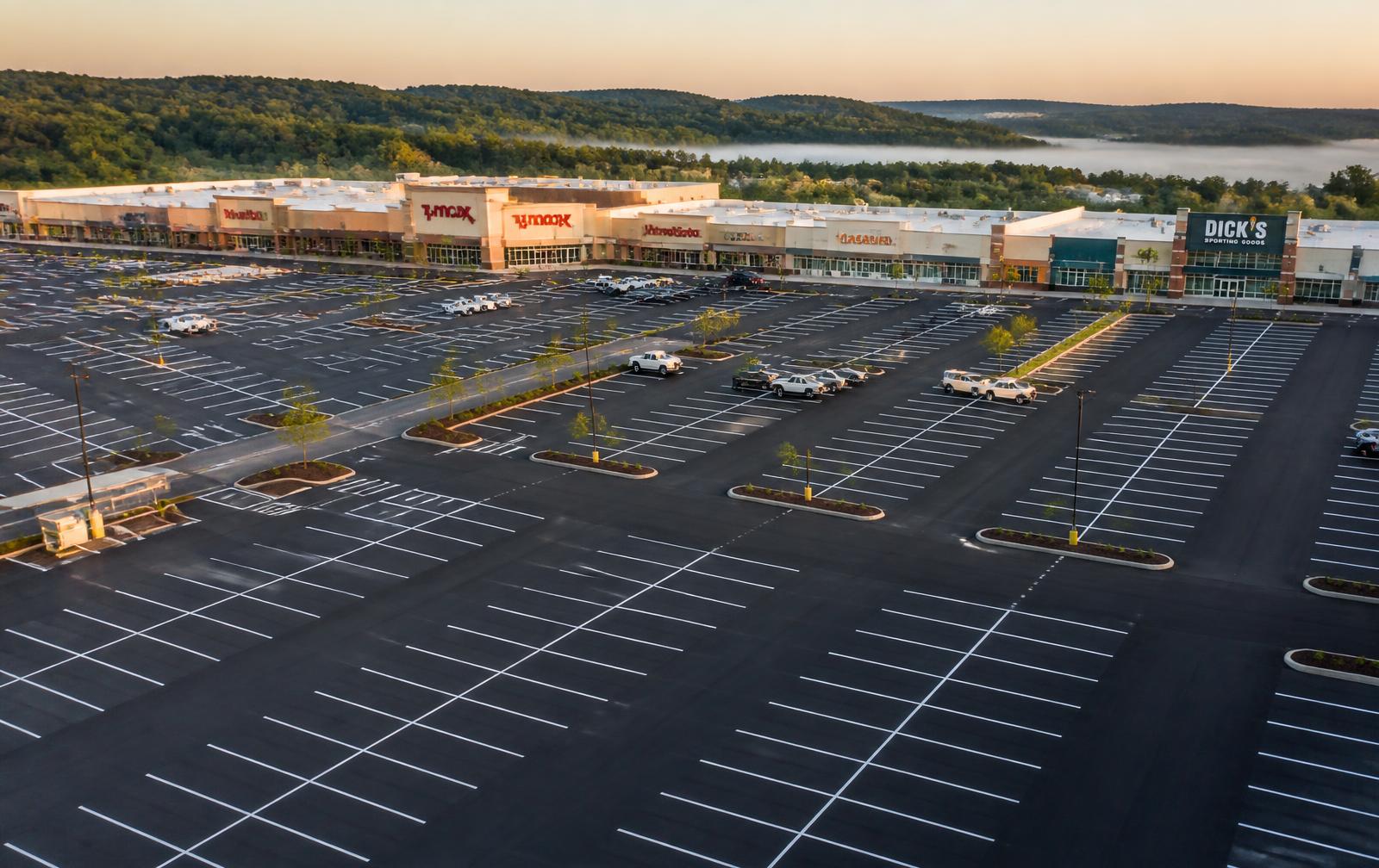 Commercial parking lot with freshly painted white line striping
